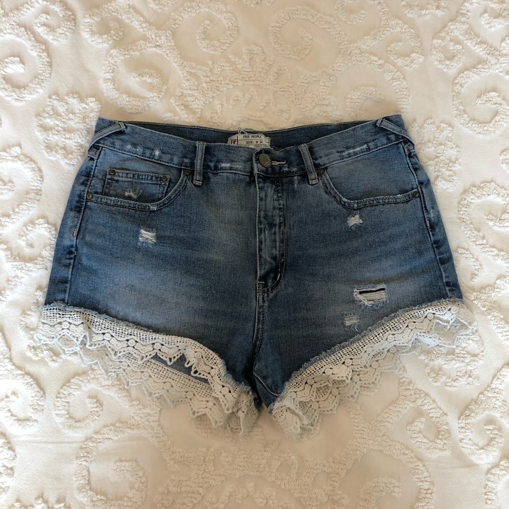 Free People Lace Trim Denim Shorts